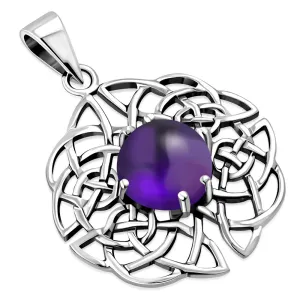 Round Celtic Knot Silver Pendant set w/ Amethyst Stone