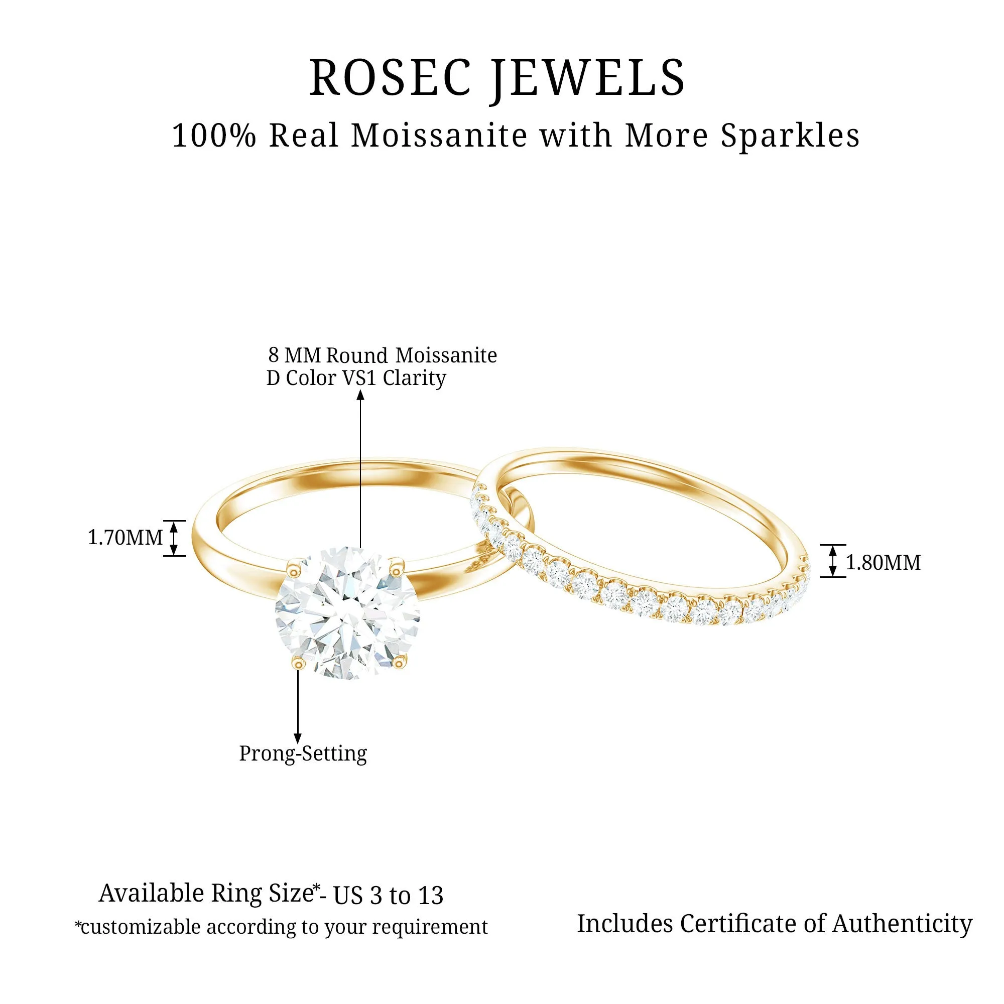 Round Shape Moissanite Solitaire Wedding Ring Set