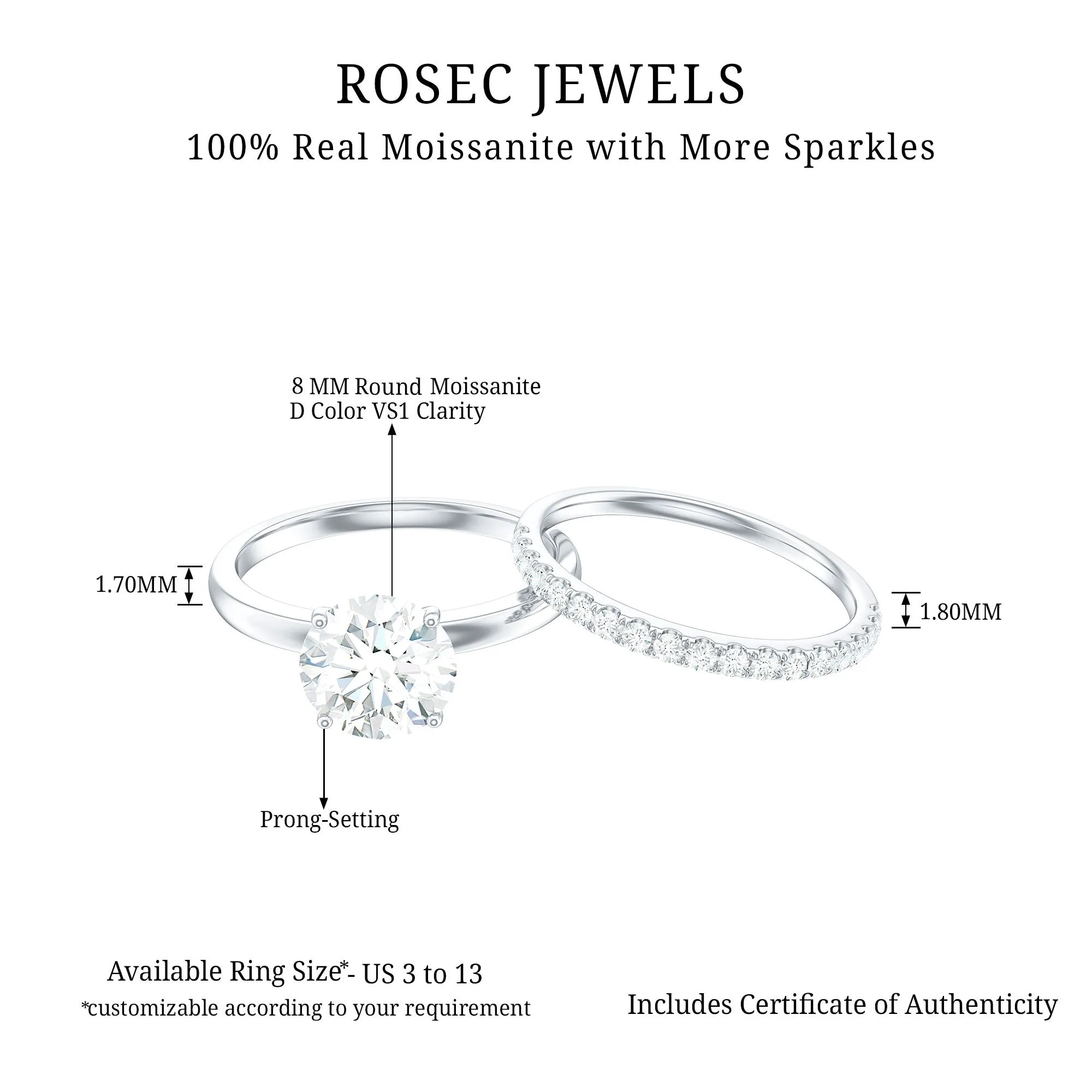 Round Shape Moissanite Solitaire Wedding Ring Set