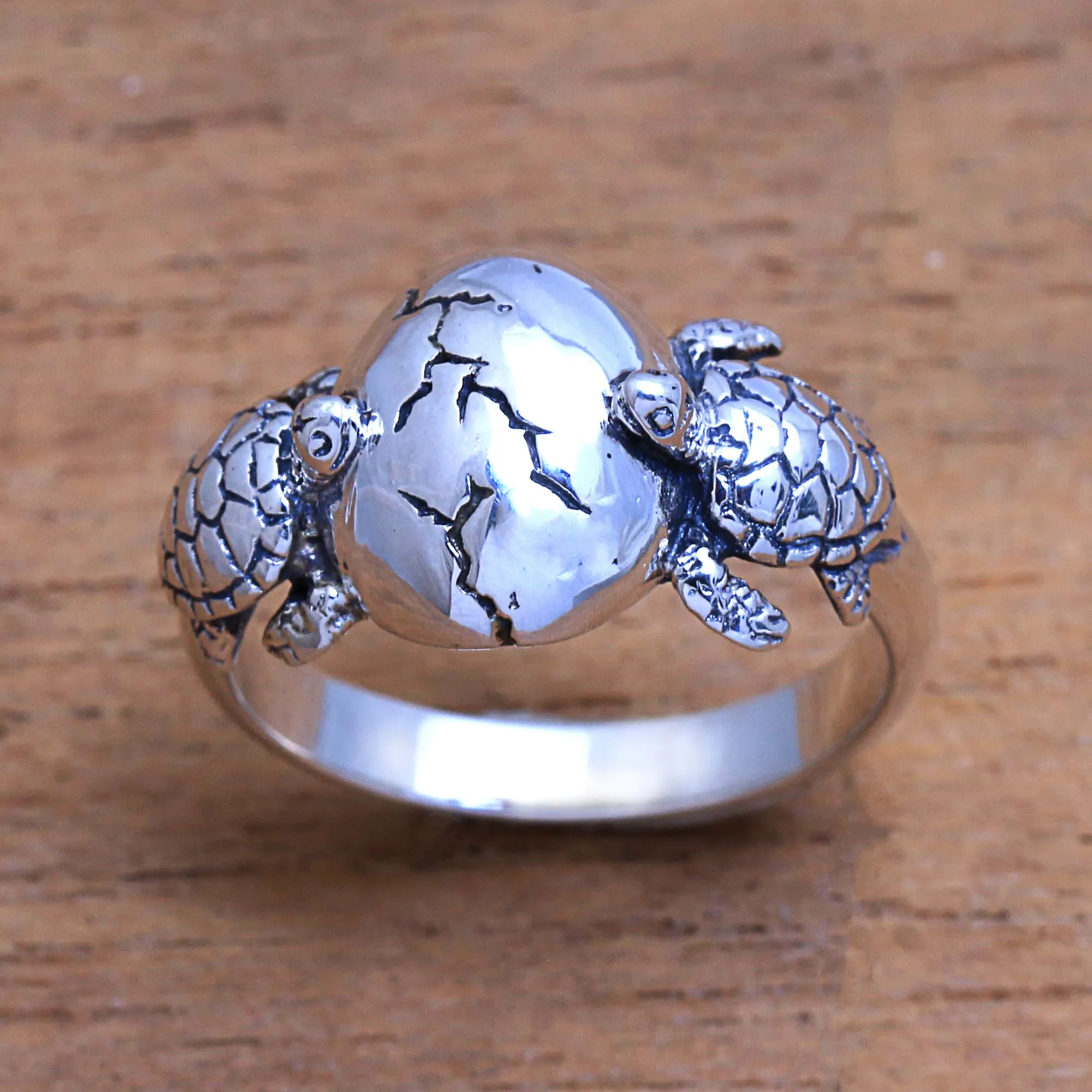 Sea Turtle Sterling Silver Cocktail Ring from Bali - Turtle Romance | NOVICA