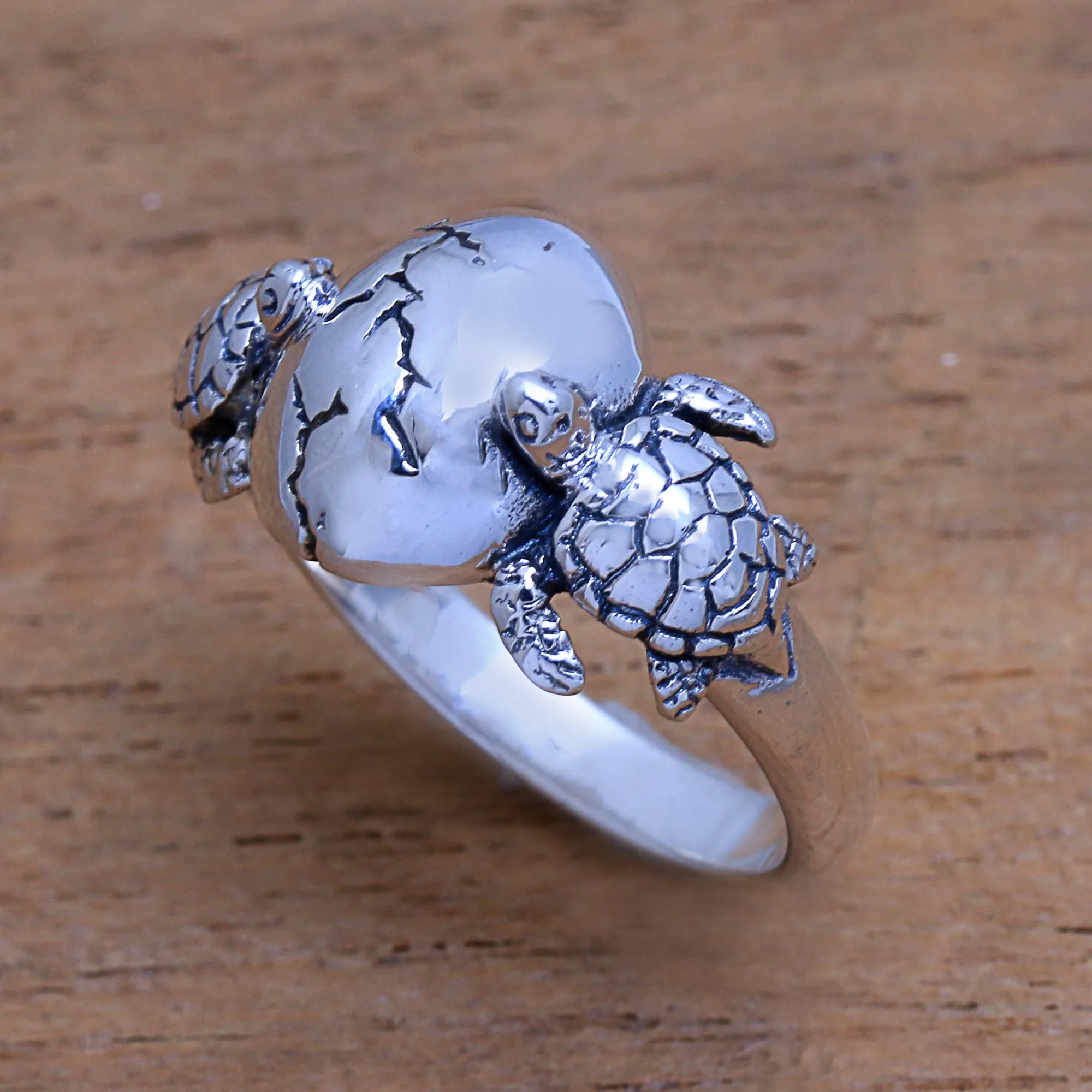 Sea Turtle Sterling Silver Cocktail Ring from Bali - Turtle Romance | NOVICA