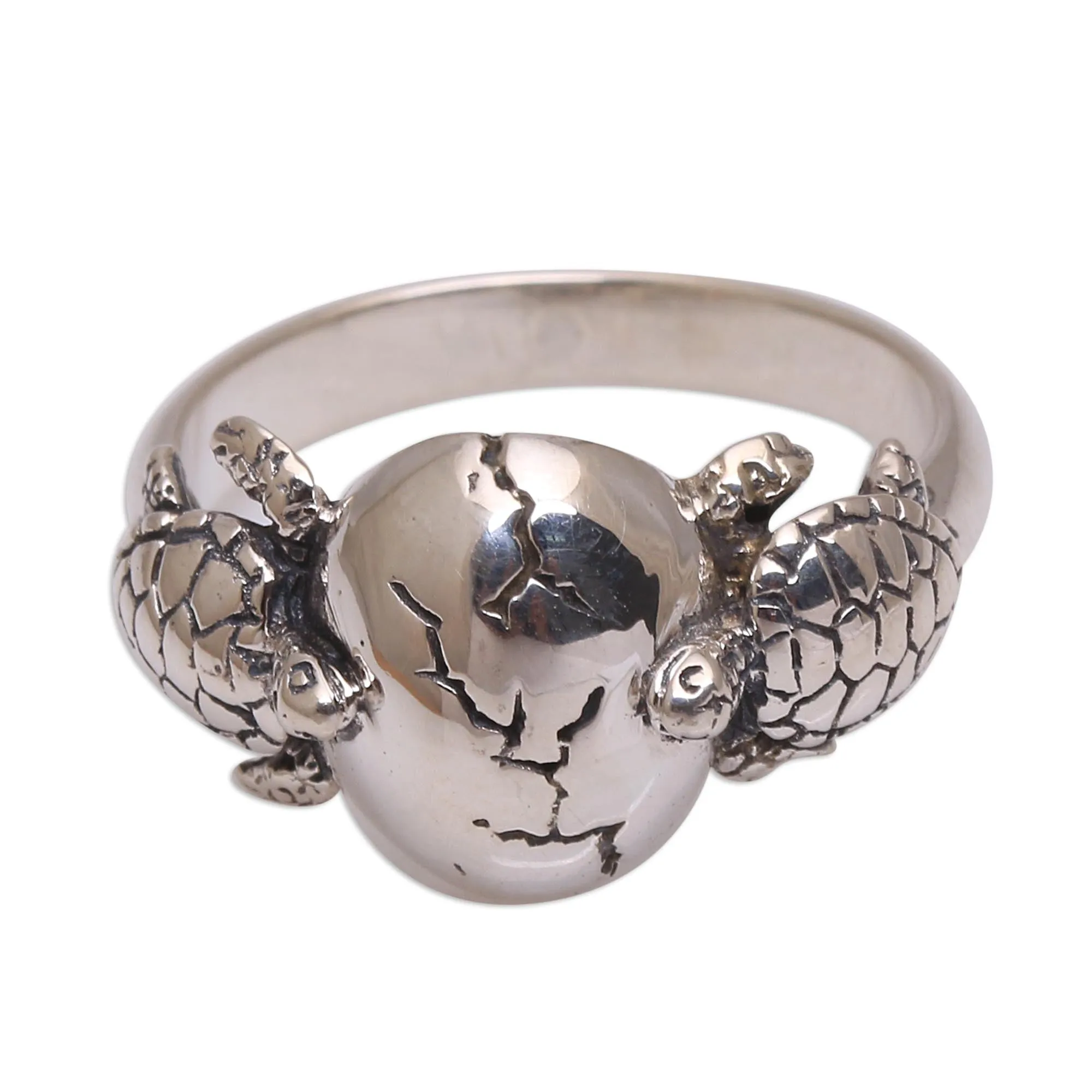 Sea Turtle Sterling Silver Cocktail Ring from Bali - Turtle Romance | NOVICA