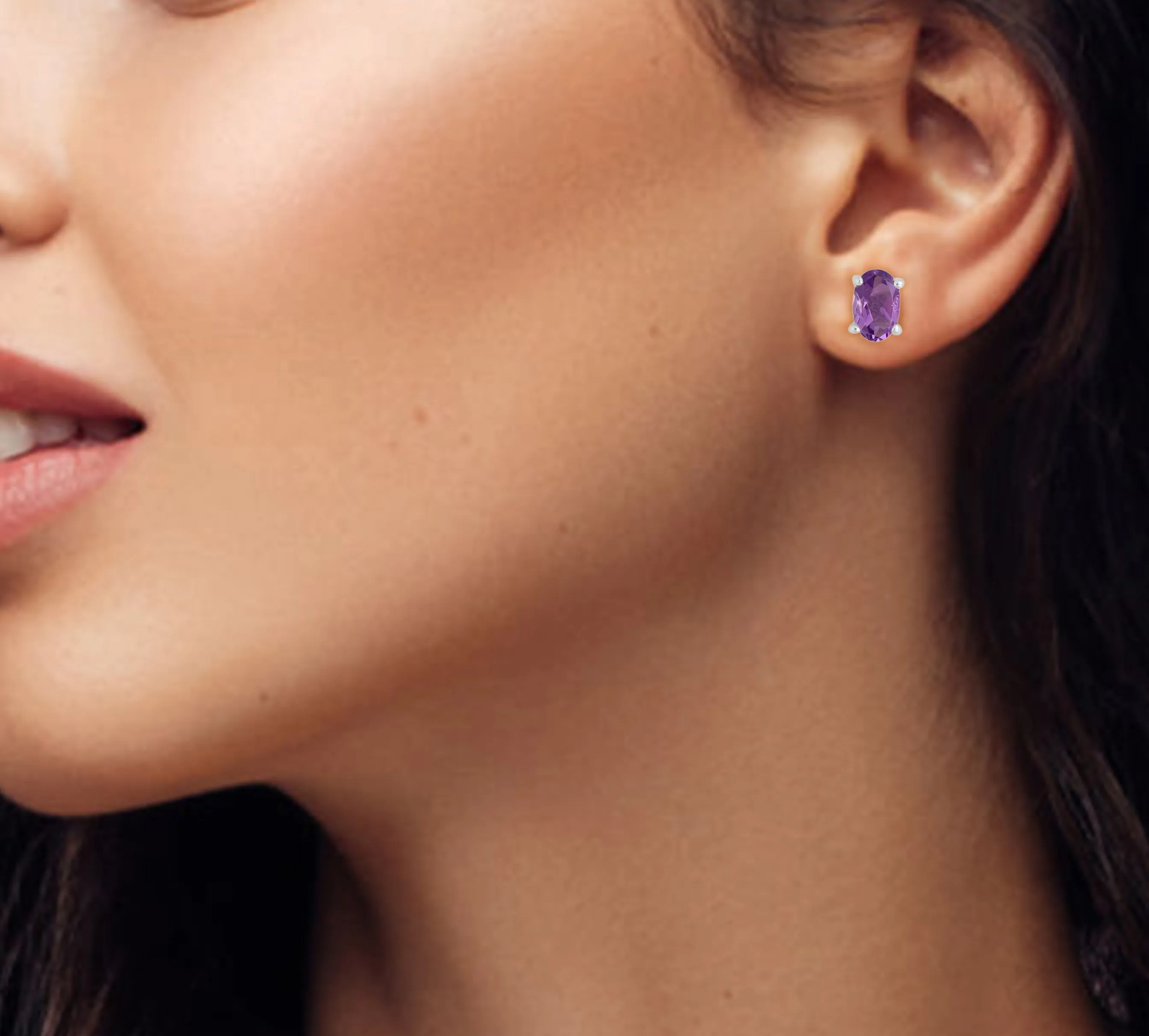 Silver Oval Amethyst Stud Earrings