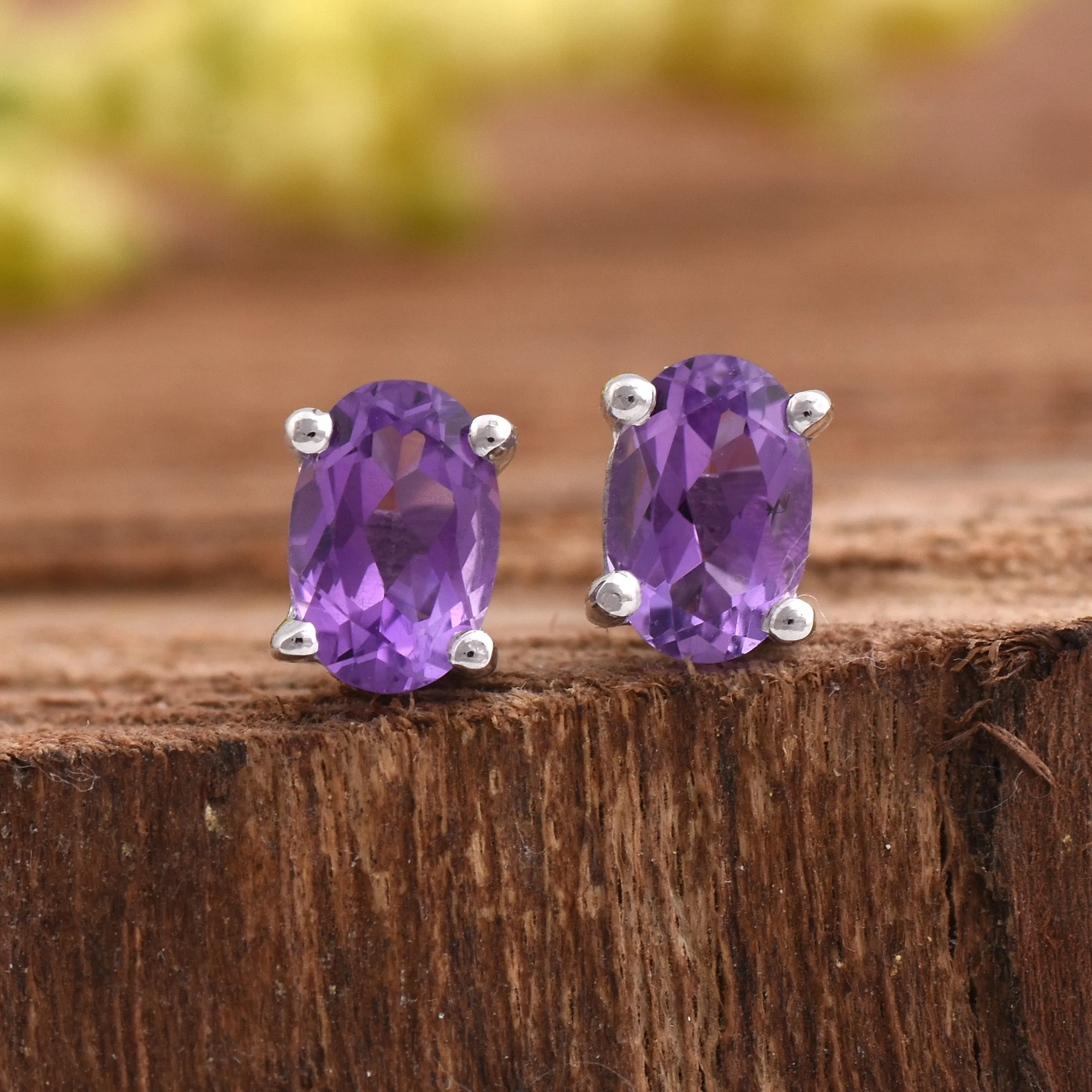 Silver Oval Amethyst Stud Earrings