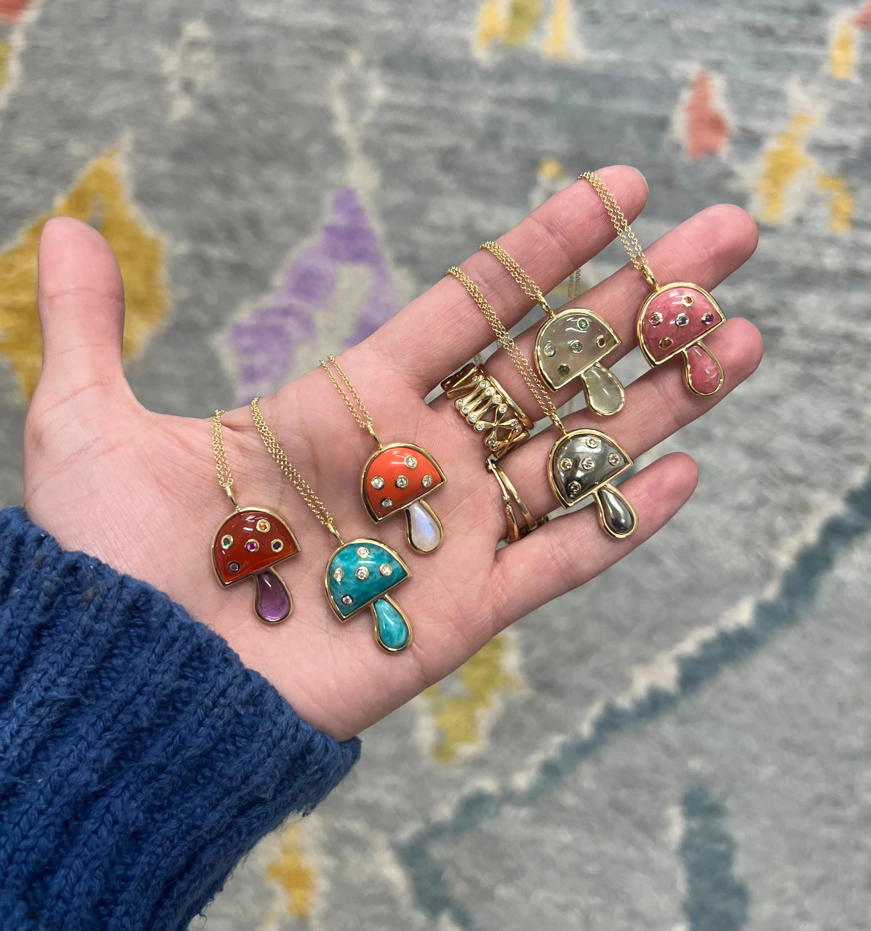 Small Magic Mushroom Pendant with Coral & Rainbow Moonstone and
 Diamonds