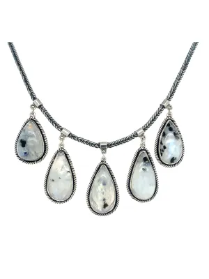 Sterling Silver & 5 Teardrop Rainbow Moonstone Necklace