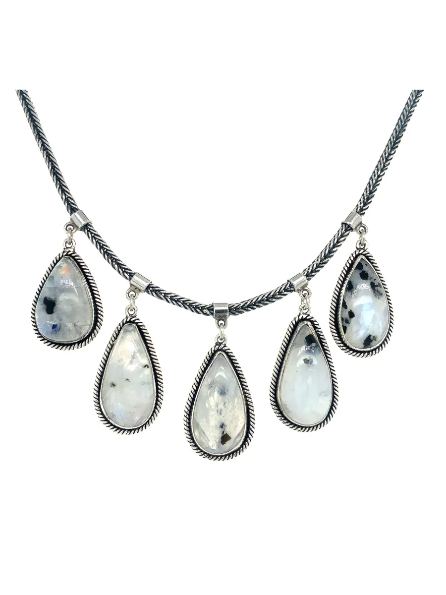 Sterling Silver & 5 Teardrop Rainbow Moonstone Necklace