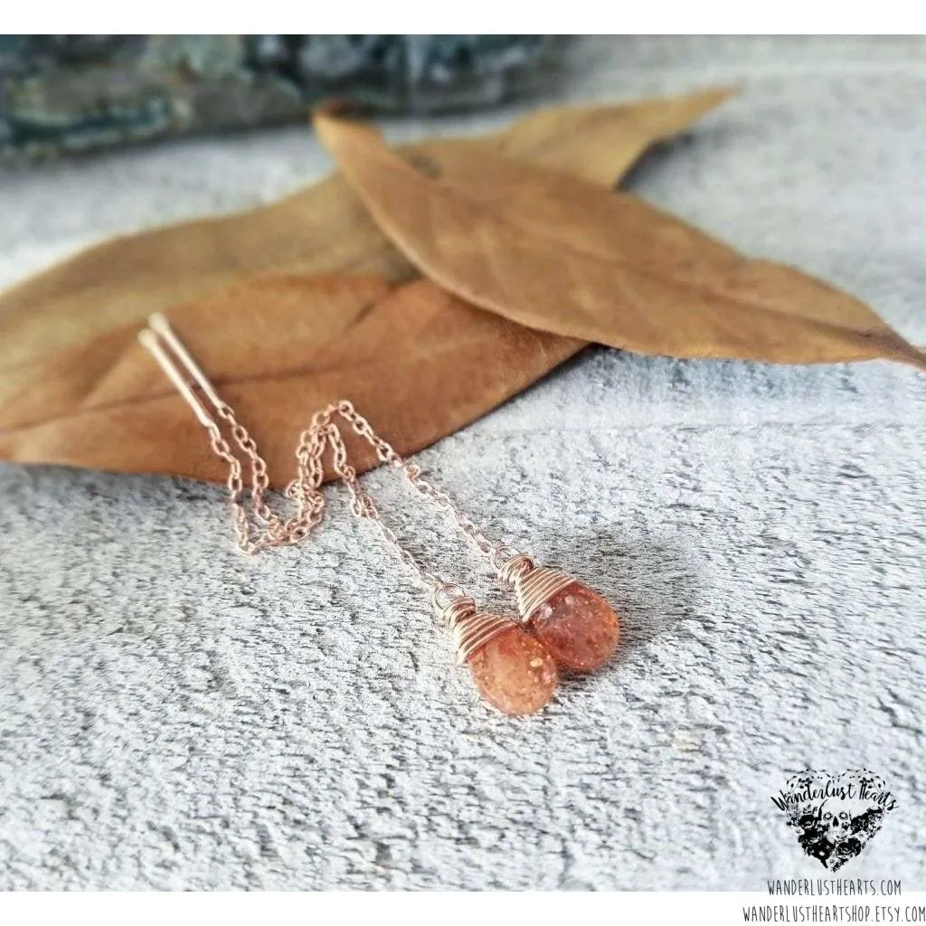 Sunstone rose gold threader earrings