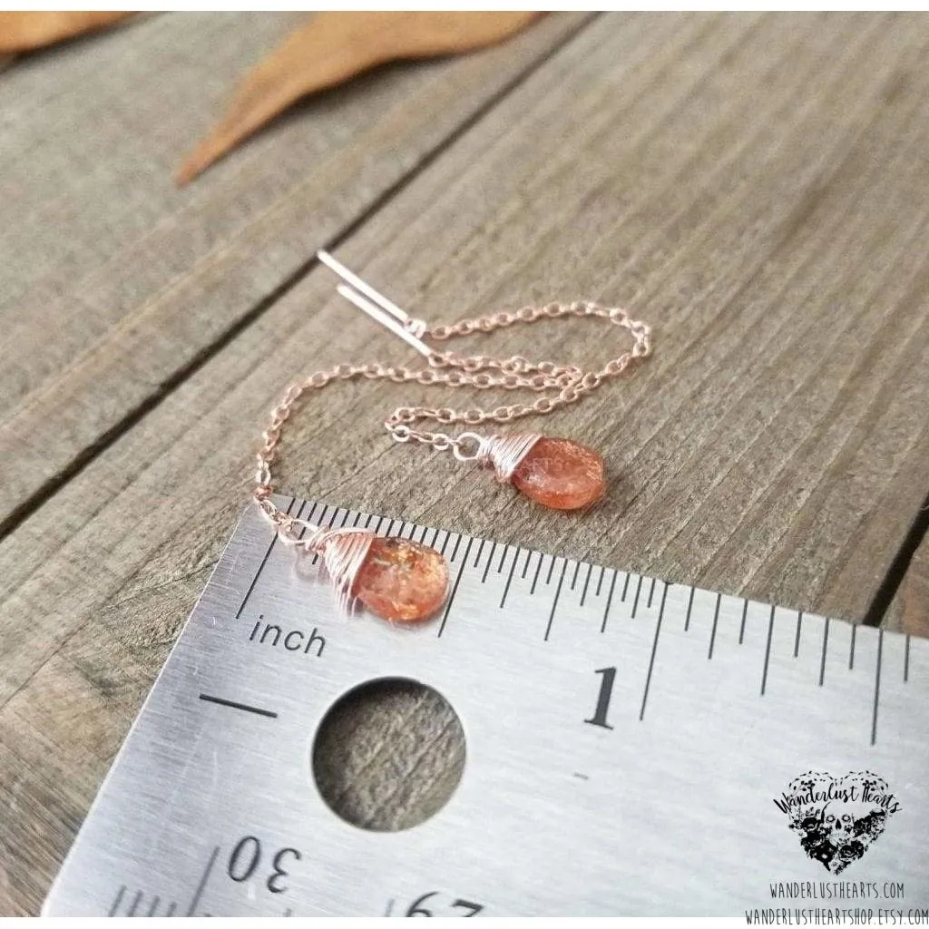 Sunstone rose gold threader earrings