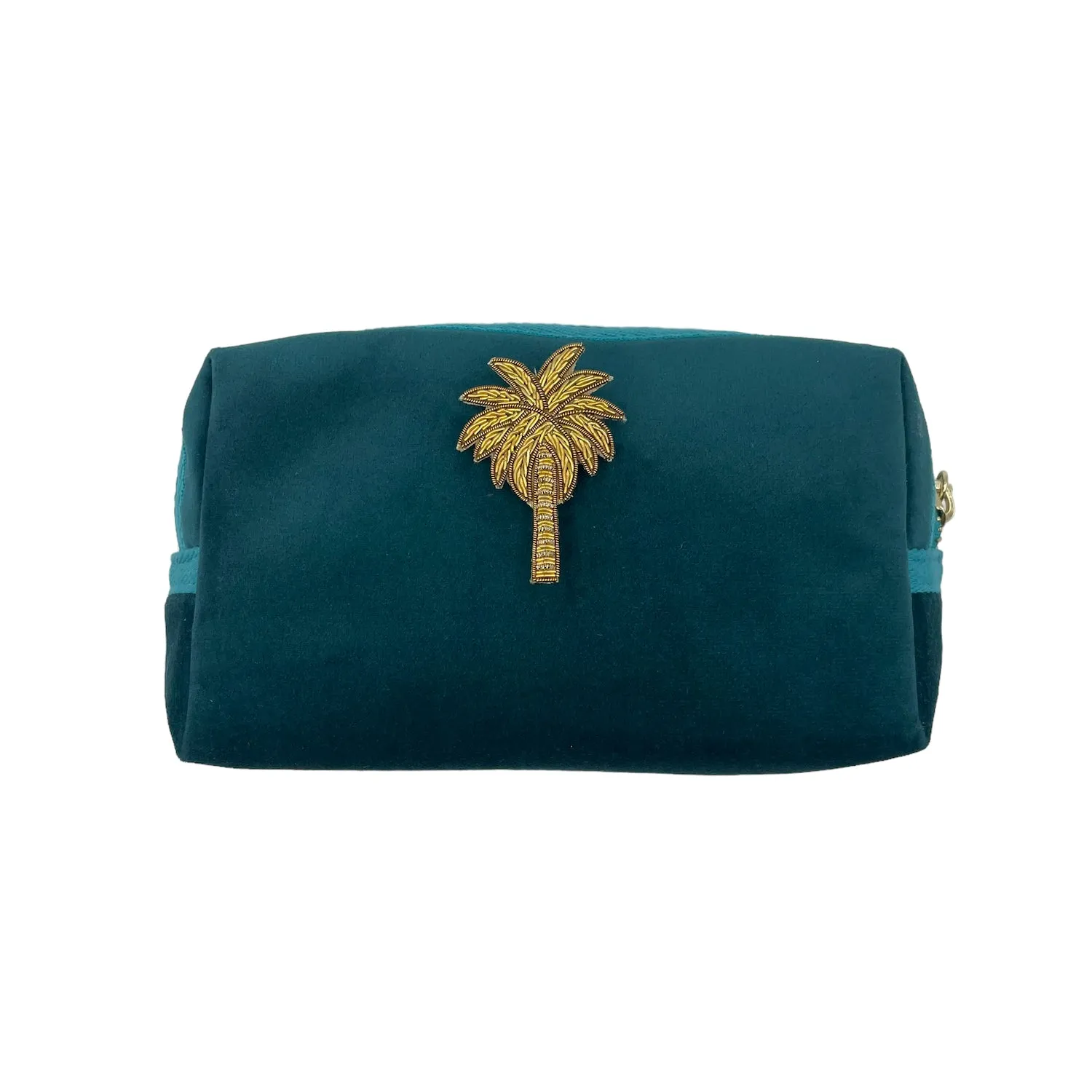 Teal make-up bag & gold palm tree - recycled velvet