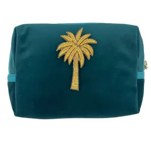 Teal make-up bag & gold palm tree - recycled velvet