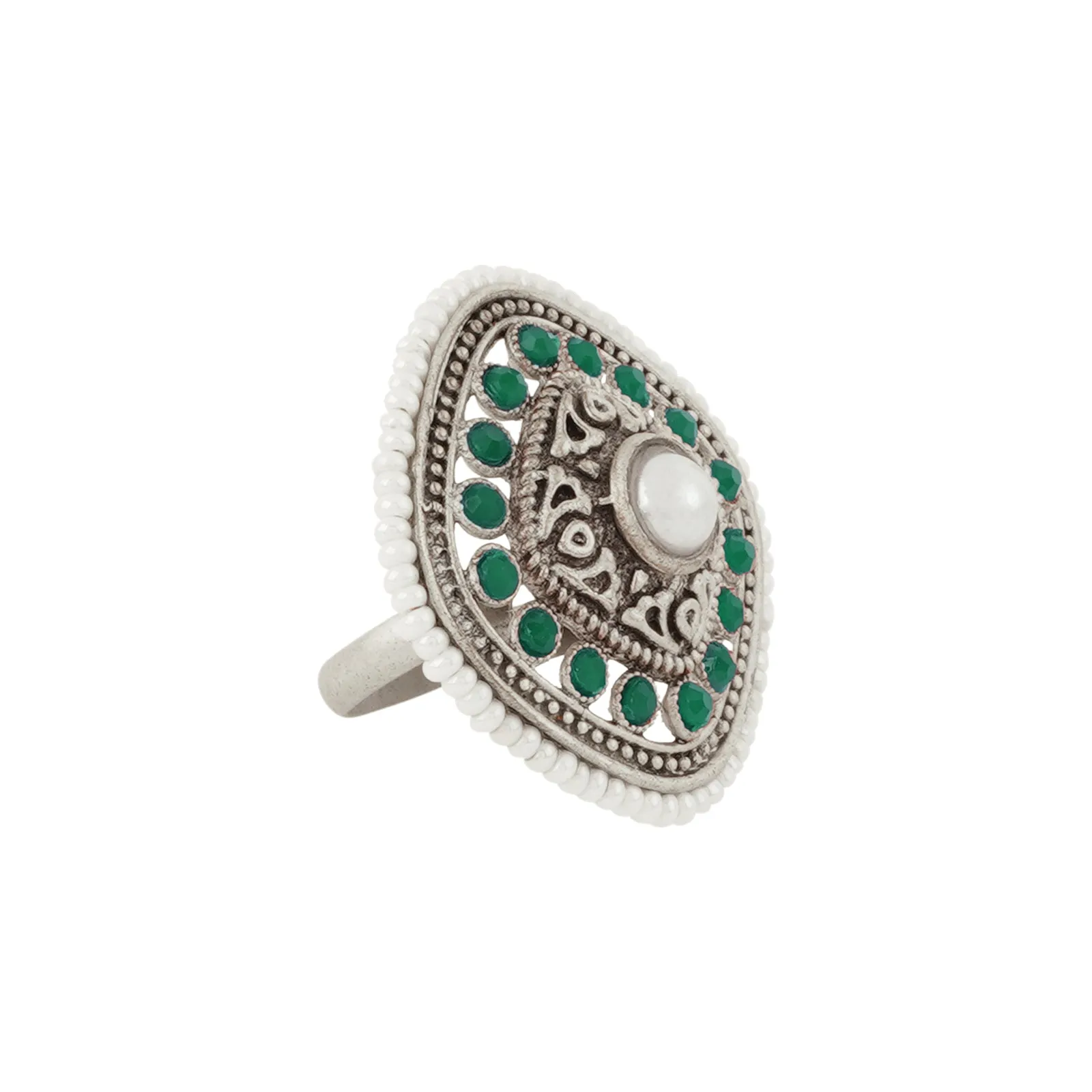 Teejh Bhairadevi Silver Oxidised Green Ring