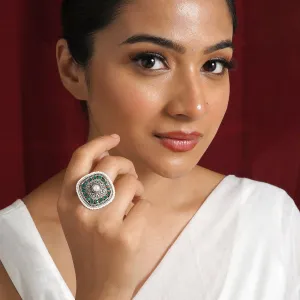 Teejh Bhairadevi Silver Oxidised Green Ring