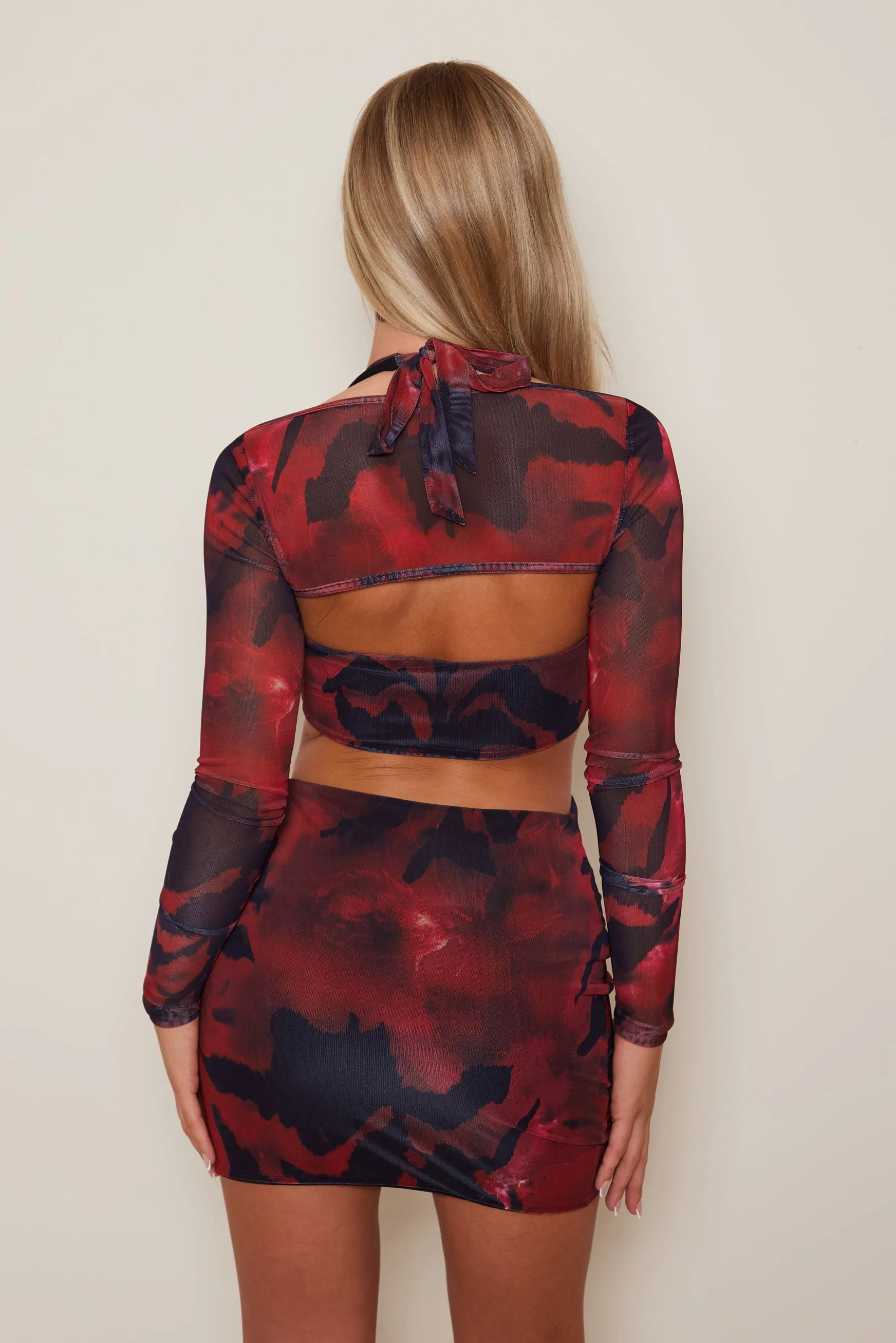 The ring detail plunge shrug mini- Red print