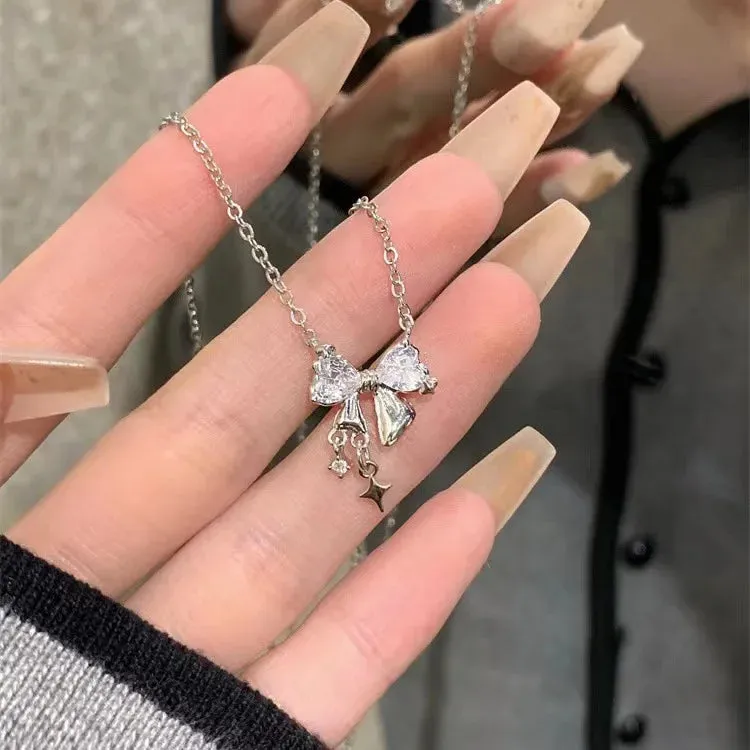 Toleet Korea New Design Bowknot Pink Zircon Cross Pendant Necklaces Fashion Temperament Clavicle Chain for Women Trendy Party Jewelry