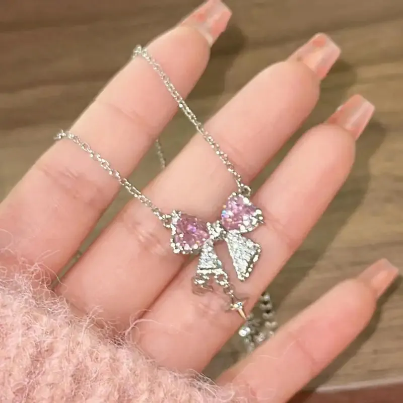 Toleet Korea New Design Bowknot Pink Zircon Cross Pendant Necklaces Fashion Temperament Clavicle Chain for Women Trendy Party Jewelry