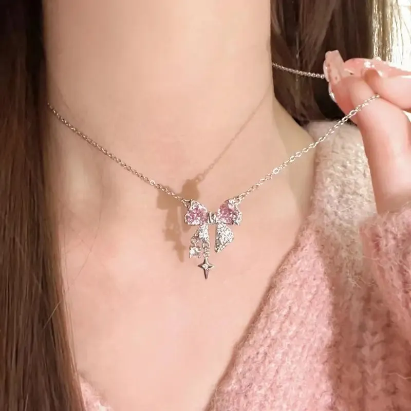 Toleet Korea New Design Bowknot Pink Zircon Cross Pendant Necklaces Fashion Temperament Clavicle Chain for Women Trendy Party Jewelry