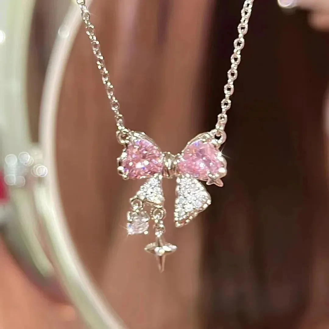 Toleet Korea New Design Bowknot Pink Zircon Cross Pendant Necklaces Fashion Temperament Clavicle Chain for Women Trendy Party Jewelry