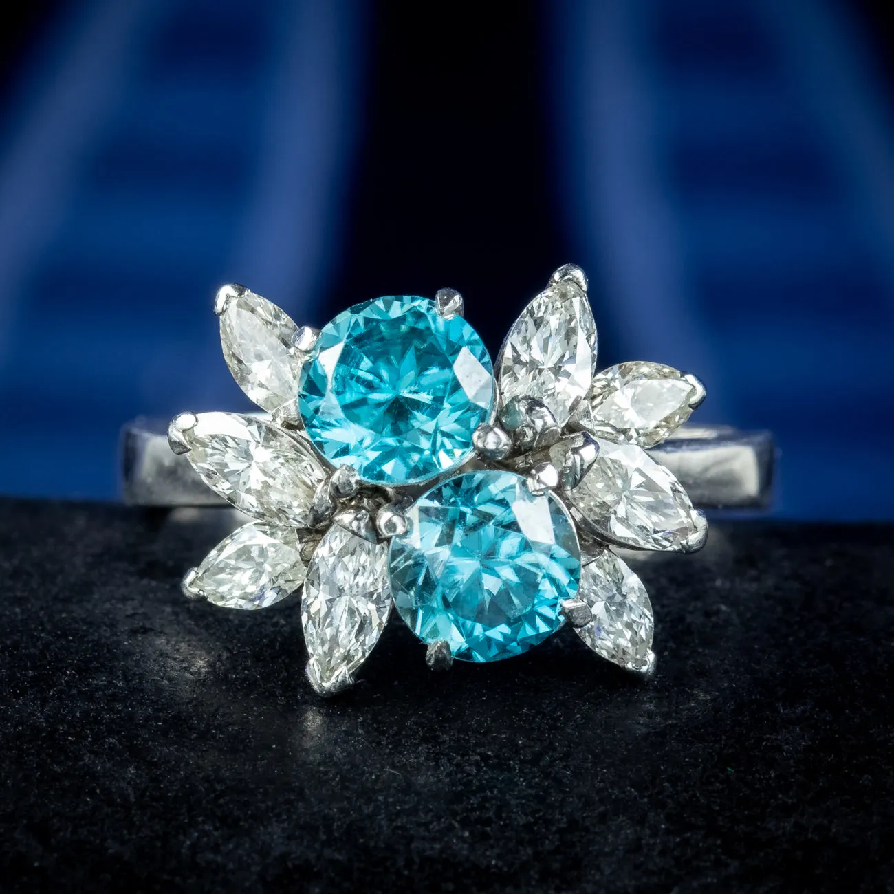 Vintage Blue Zircon Diamond Toi Et Moi Cluster Ring 1.4ct Zircon 1.2ct Diamond