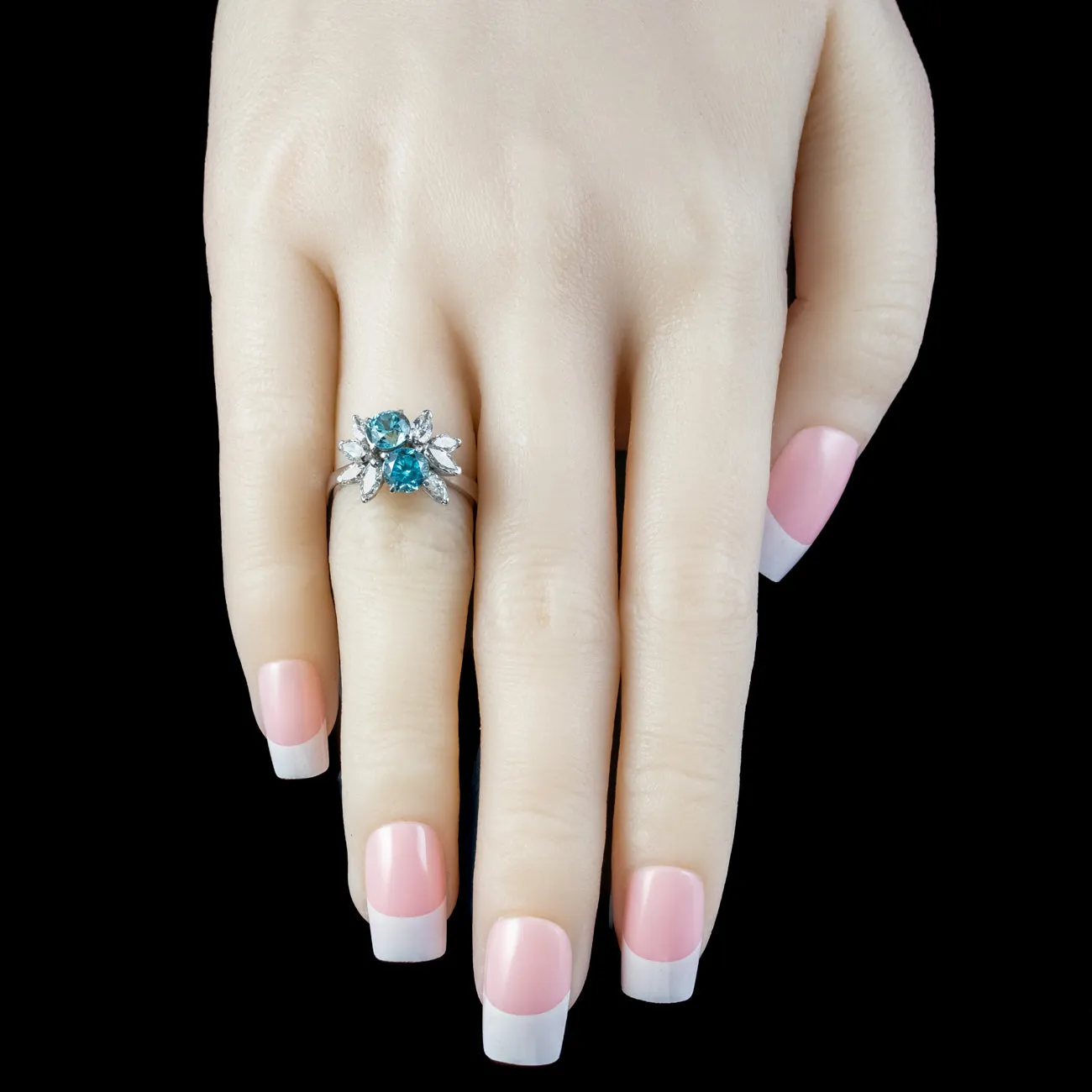 Vintage Blue Zircon Diamond Toi Et Moi Cluster Ring 1.4ct Zircon 1.2ct Diamond