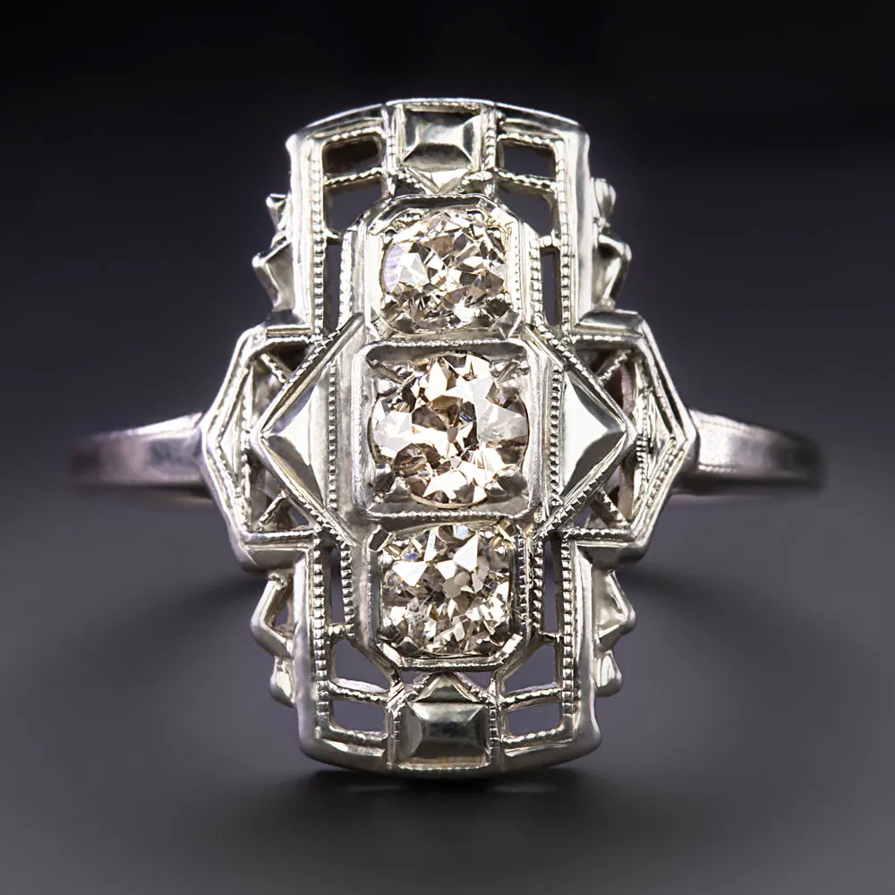 VINTAGE DIAMOND COCKTAIL RING ART DECO GEOMETRIC 14k WHITE GOLD OLD EUROPEAN CUT