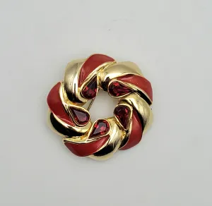 Vintage Gold Tone and Red Enamel Hoop Brooch