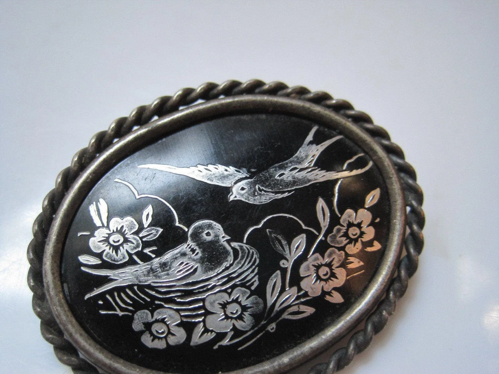 Vintage Hand Painted Black Enamel Middle Eastern Pin or Brooch