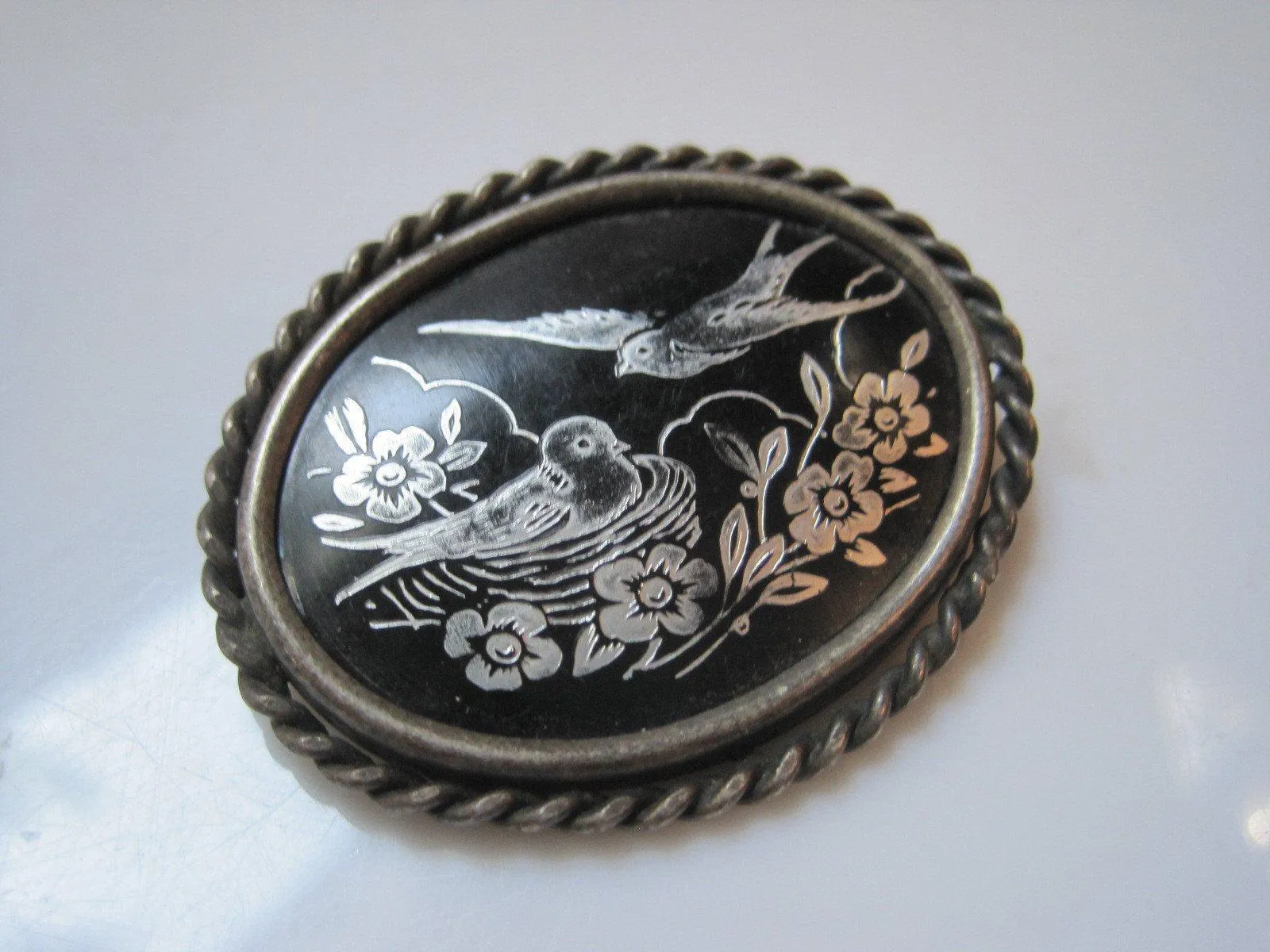 Vintage Hand Painted Black Enamel Middle Eastern Pin or Brooch