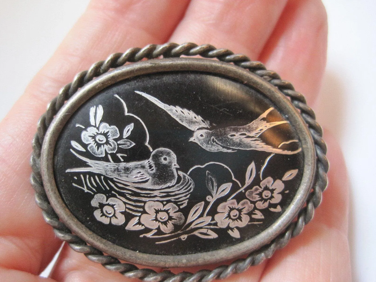 Vintage Hand Painted Black Enamel Middle Eastern Pin or Brooch