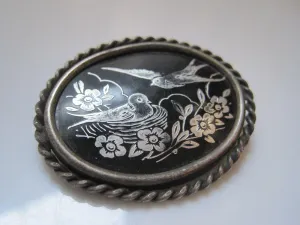 Vintage Hand Painted Black Enamel Middle Eastern Pin or Brooch