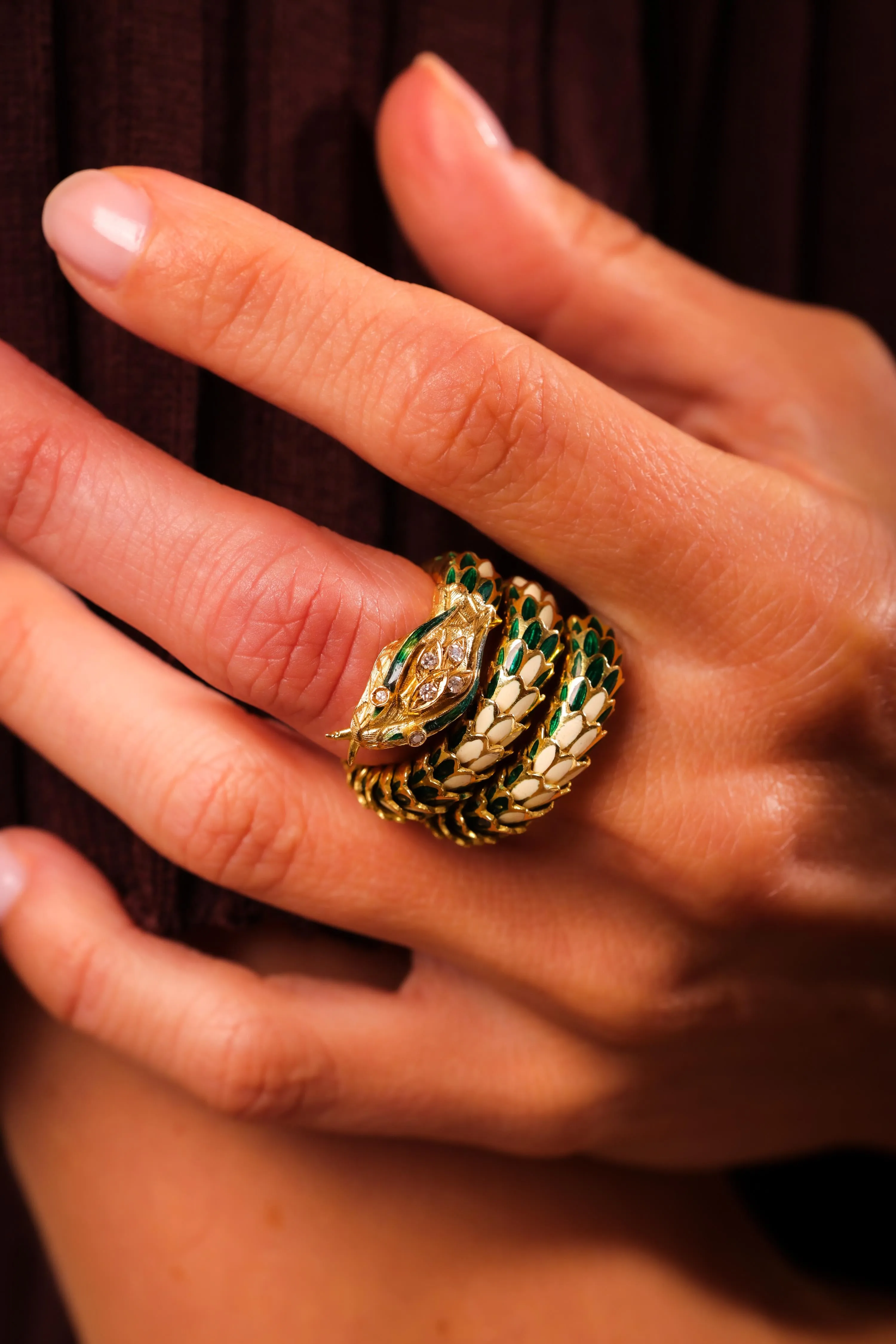 Vintage Italian Diamond 18K Gold Green and White Enamel Chunky Snake Wrap Ring