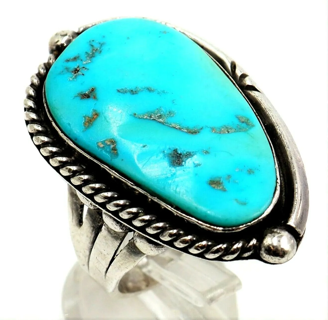 Vintage Turquoise Dress Ring Sterling Silver  Wide Band Size R 1/4