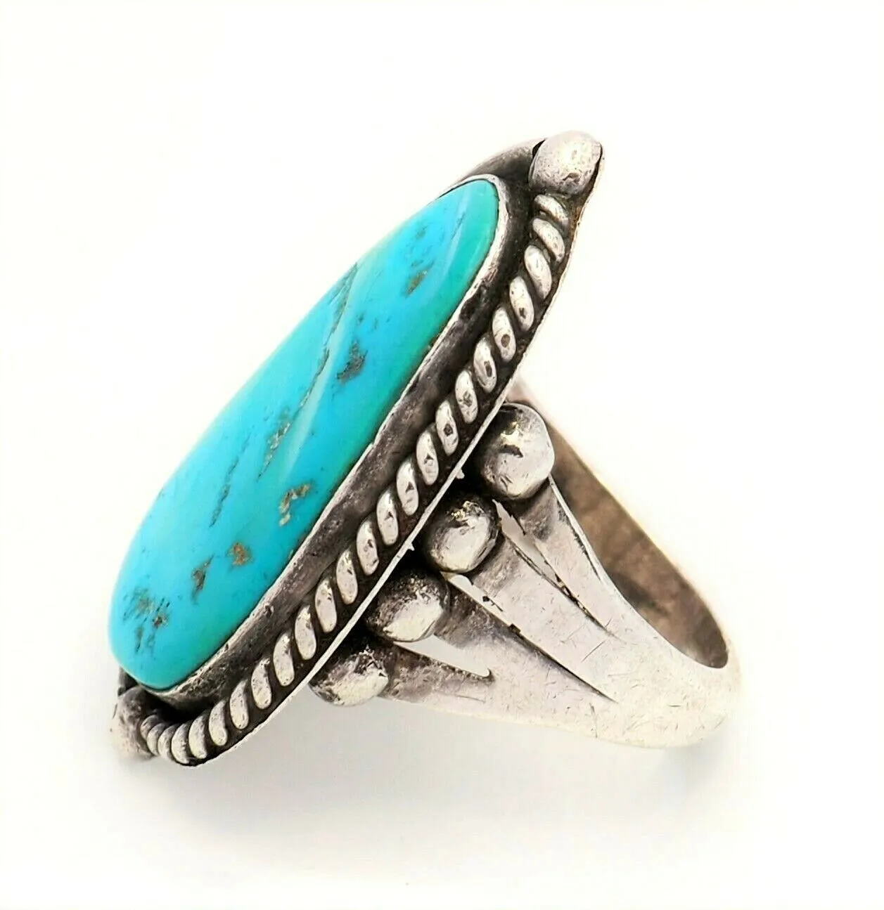 Vintage Turquoise Dress Ring Sterling Silver  Wide Band Size R 1/4