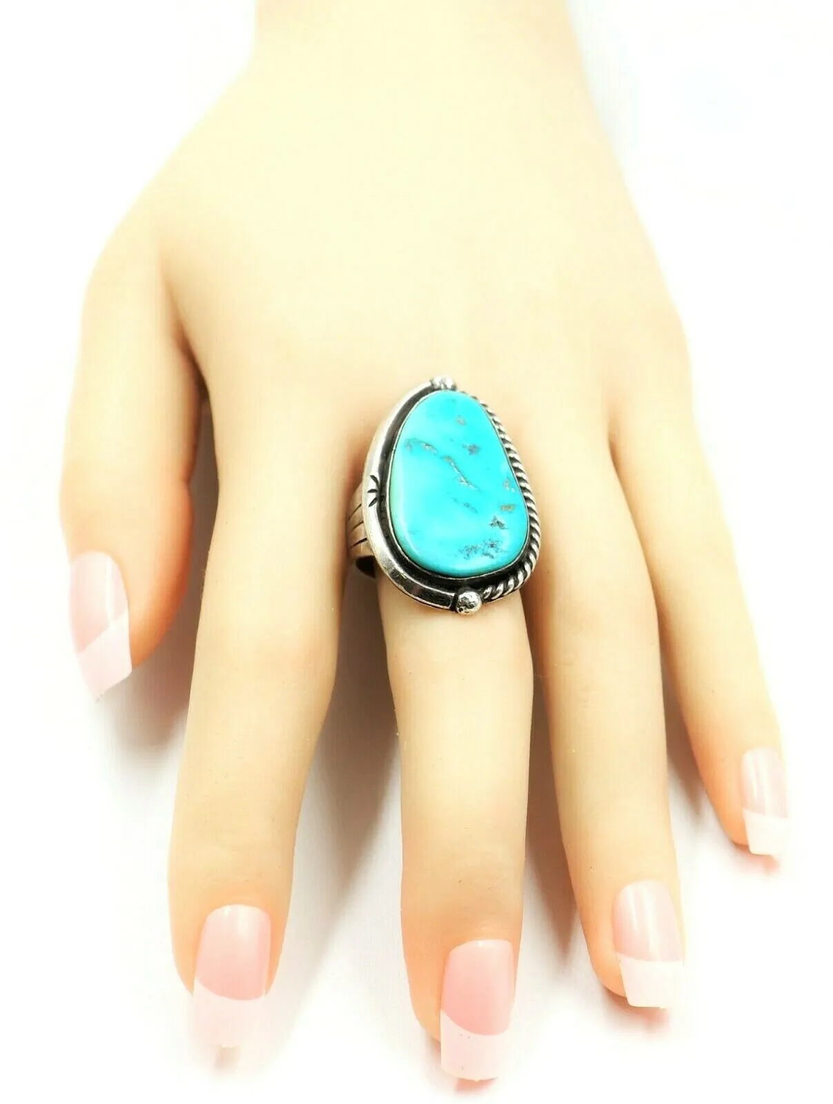 Vintage Turquoise Dress Ring Sterling Silver  Wide Band Size R 1/4