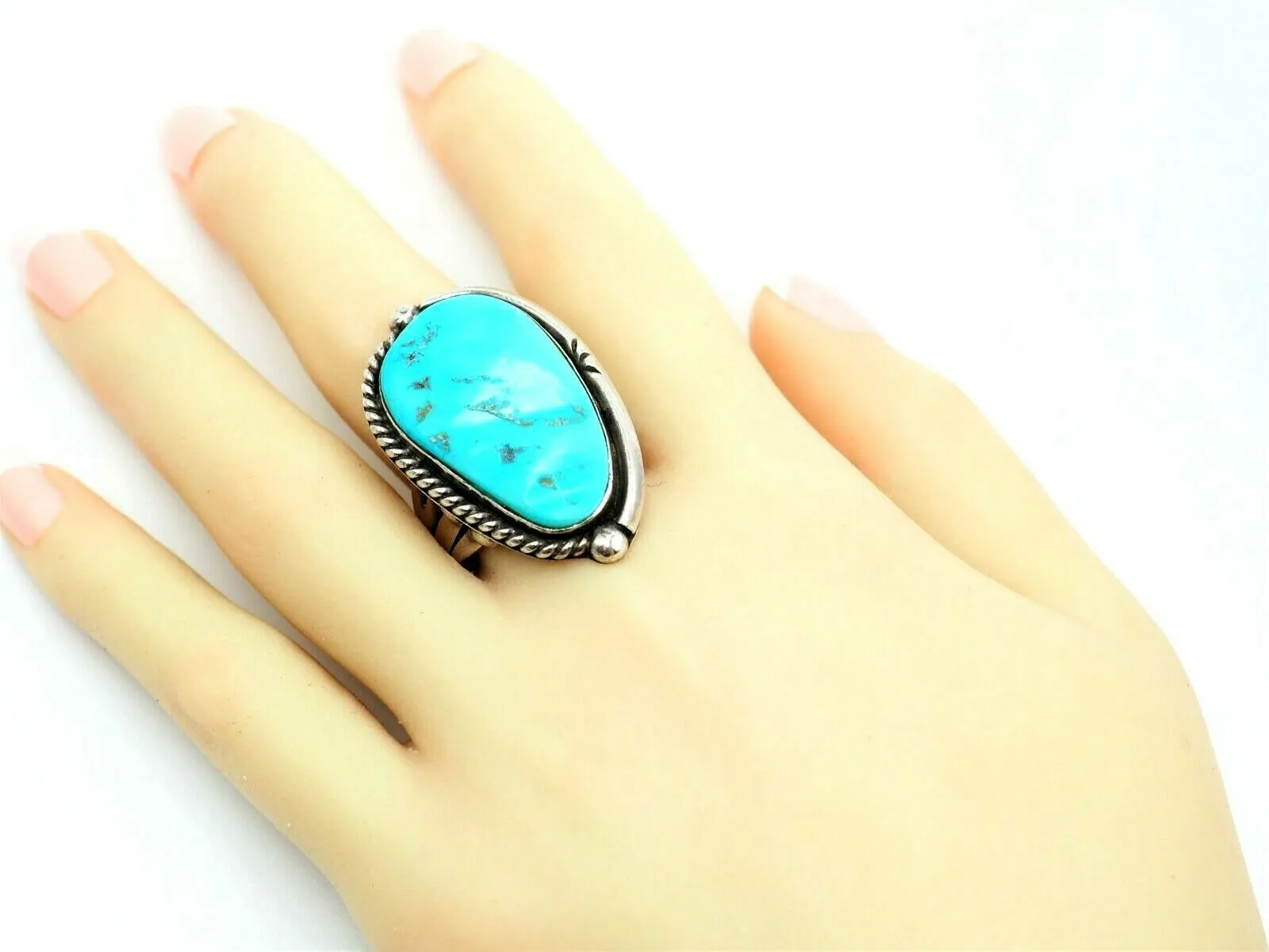 Vintage Turquoise Dress Ring Sterling Silver  Wide Band Size R 1/4