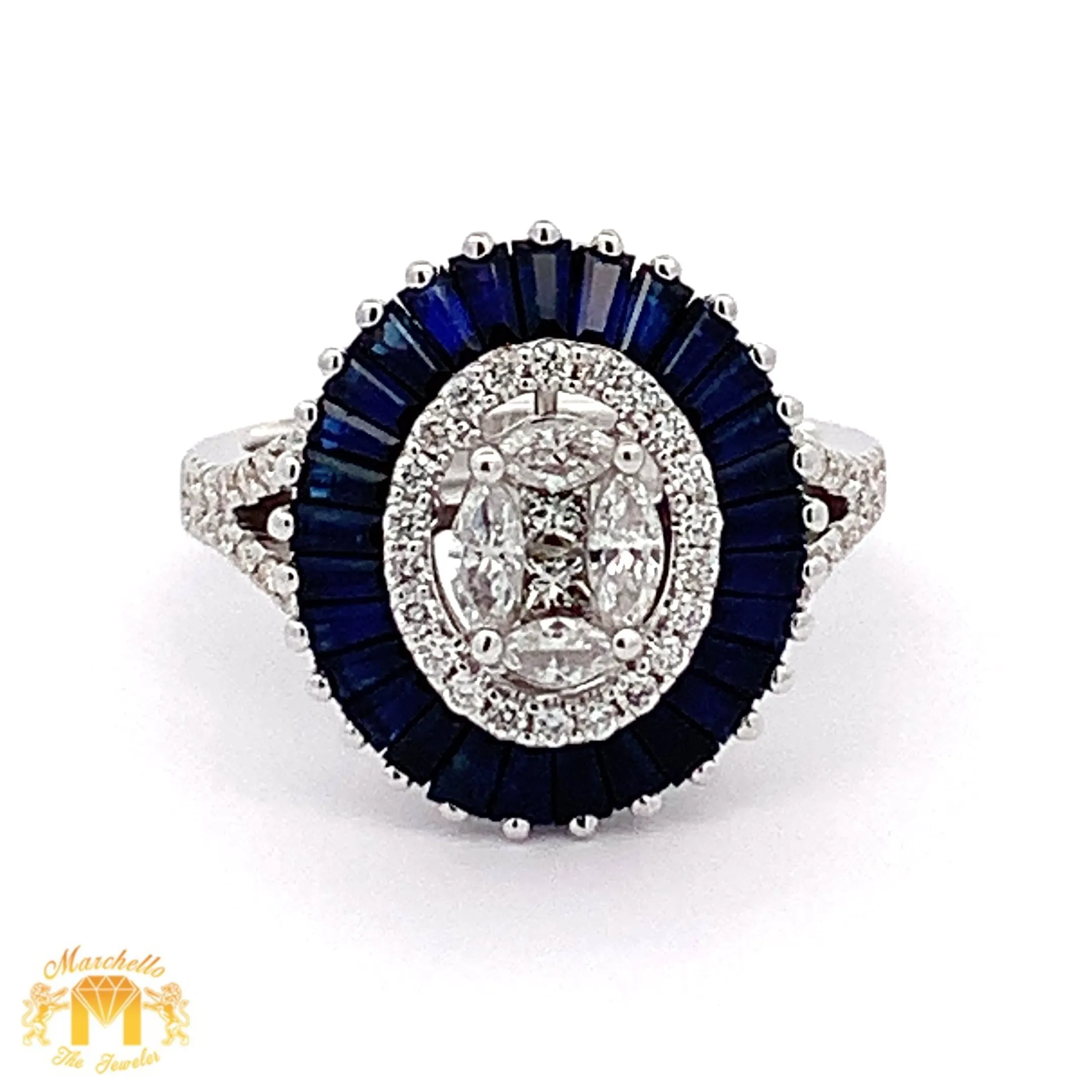 VVS/vs EF color high clarity diamonds set in a 18k Gold Oval Shaped Blue Sapphire Ring with Round Diamonds