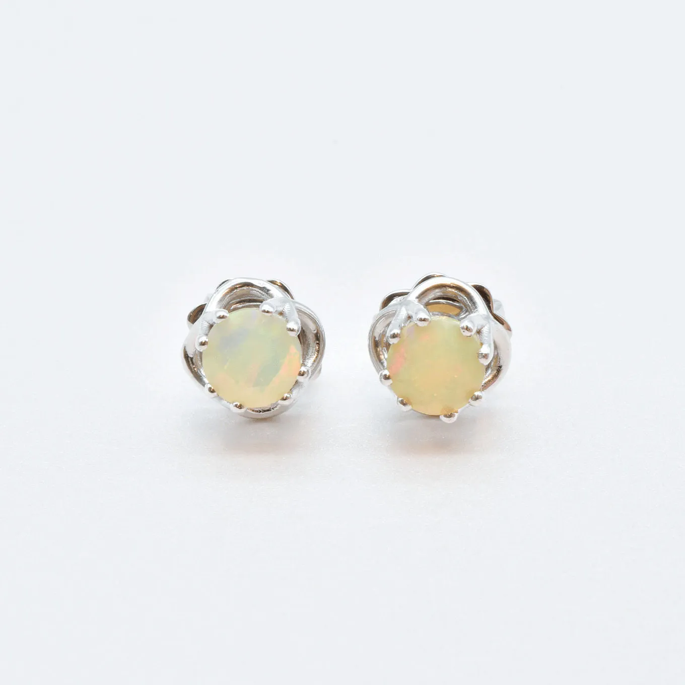 White Gold Opal Studs - Fire Opal Earrings - 18k White Gold Studs