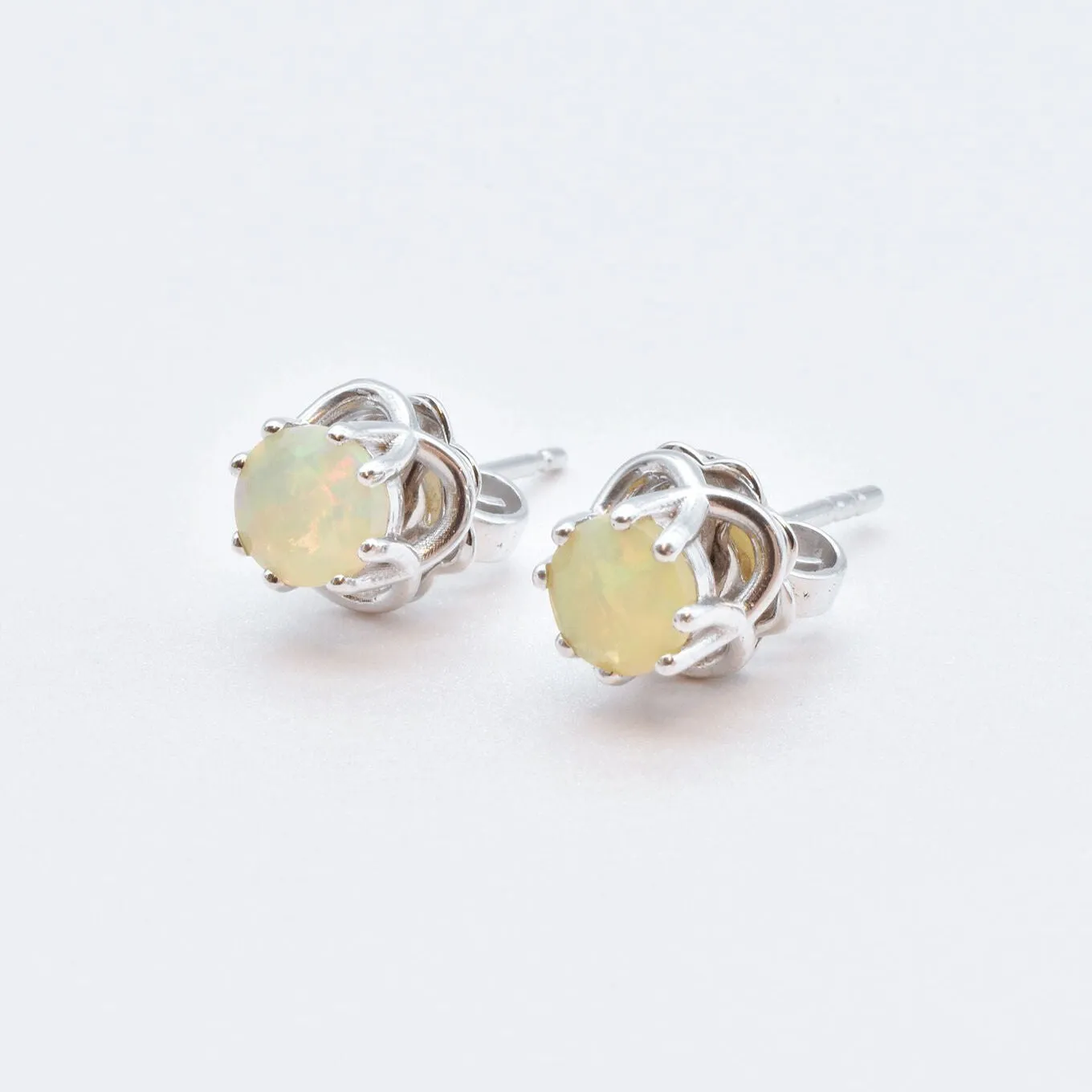 White Gold Opal Studs - Fire Opal Earrings - 18k White Gold Studs