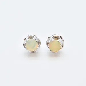 White Gold Opal Studs - Fire Opal Earrings - 18k White Gold Studs