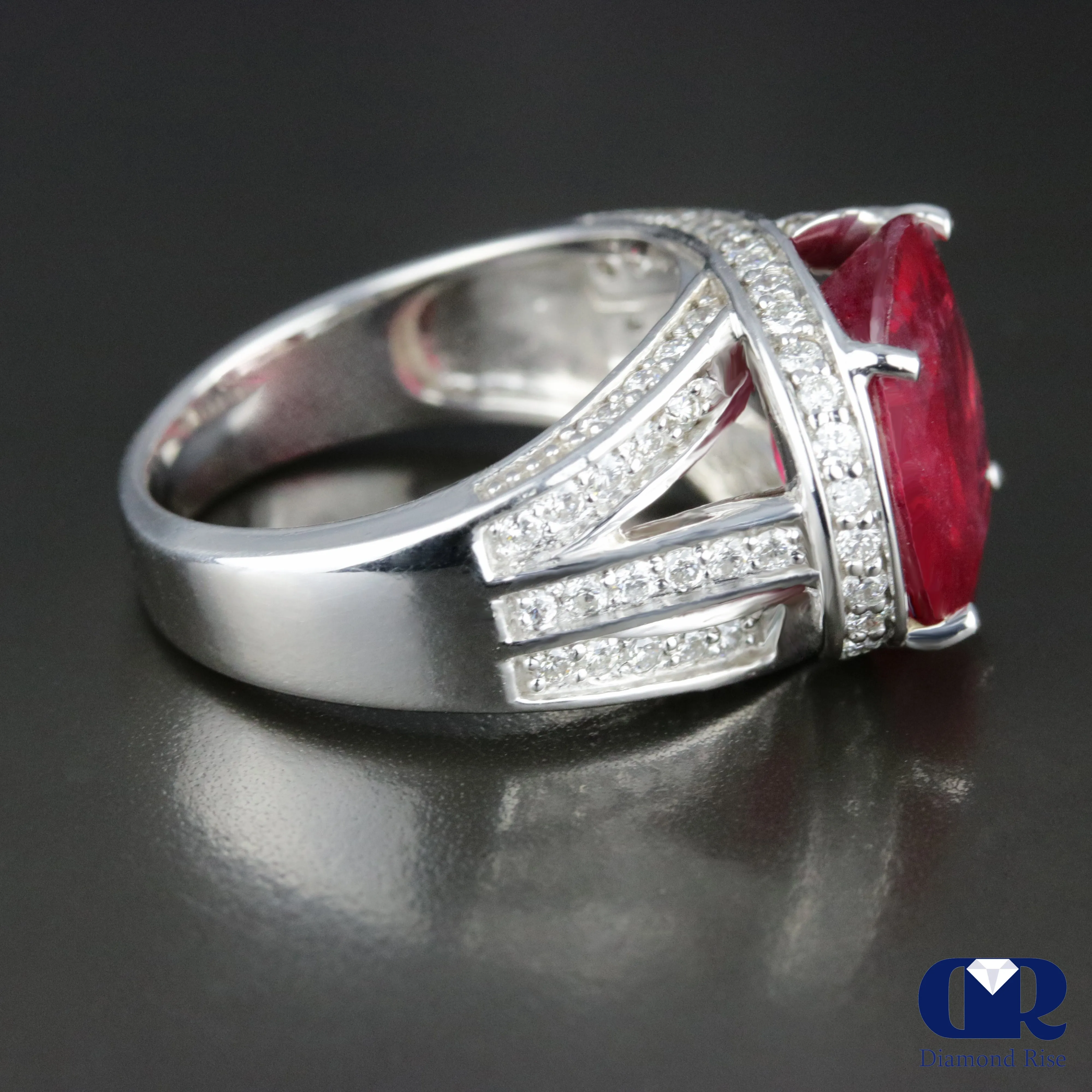 Women's Large Round Ruby & Diamond Cocktail Ring & Right Hand Ring In 14K White Gold