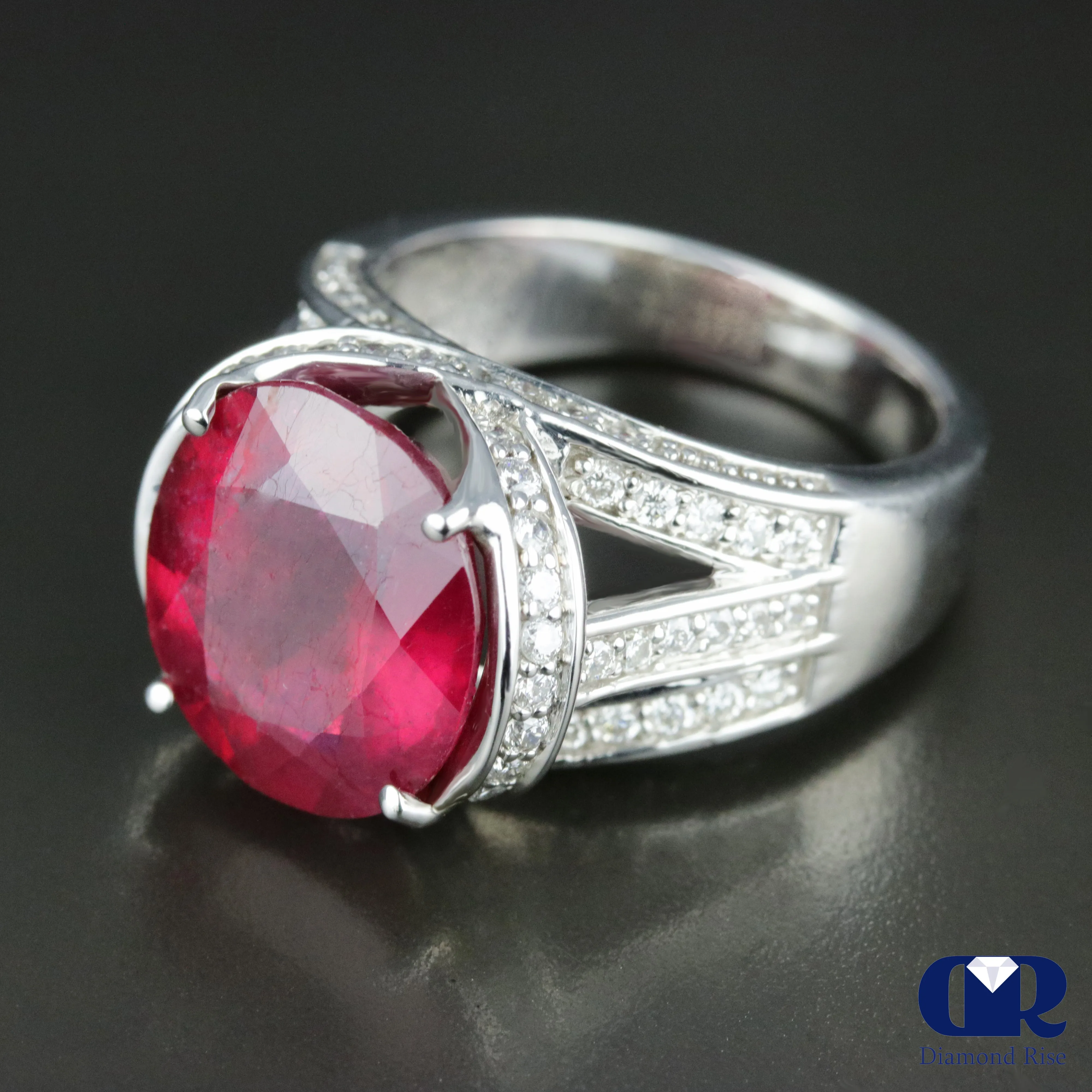 Women's Large Round Ruby & Diamond Cocktail Ring & Right Hand Ring In 14K White Gold