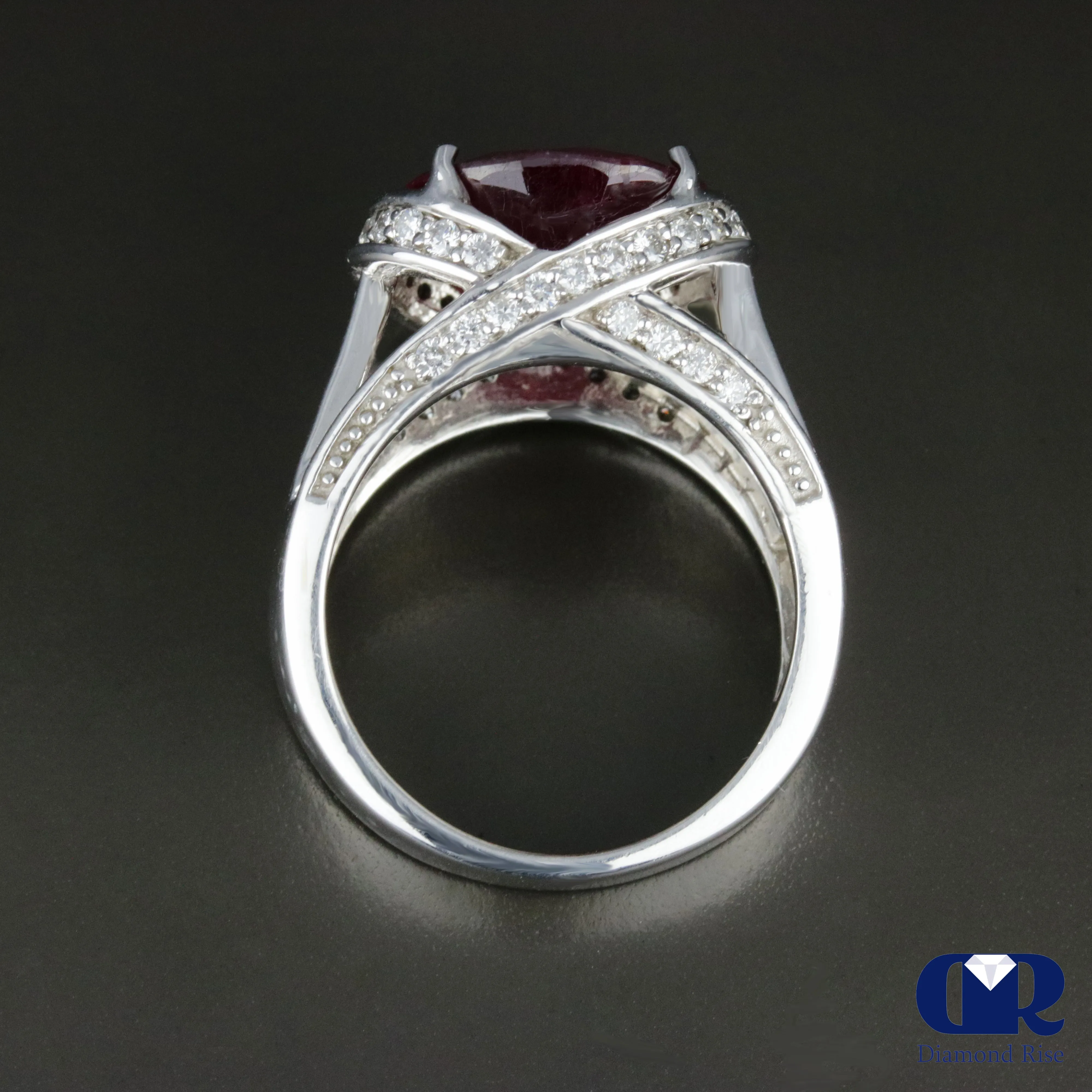 Women's Large Round Ruby & Diamond Cocktail Ring & Right Hand Ring In 14K White Gold